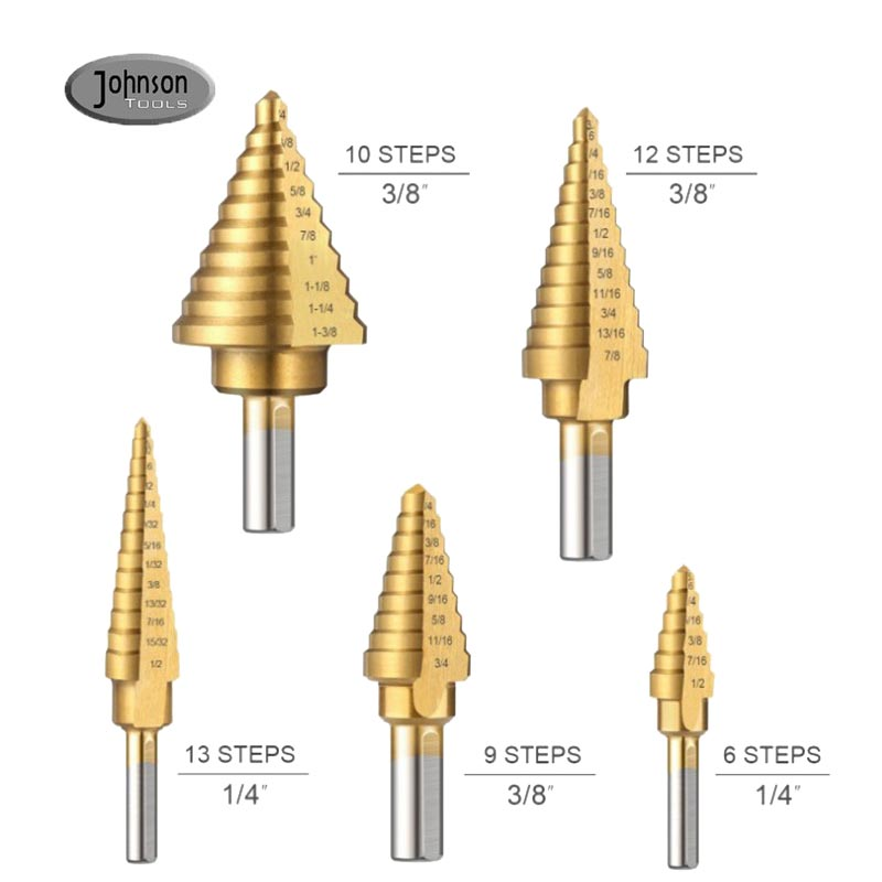 6pcs Titanium Hss Down Multi Step Spiral Drill Bit Set with One Aluminum Box
