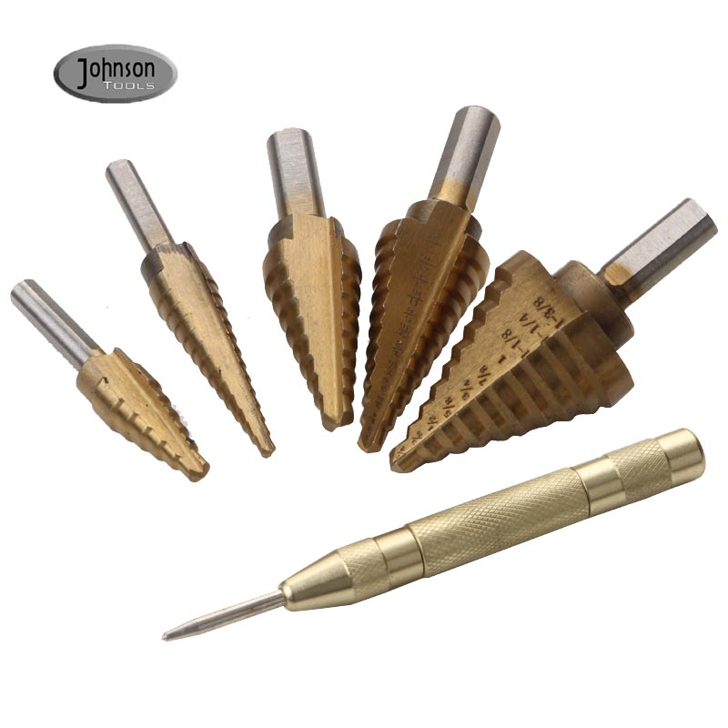 6pcs Titanium Hss Down Multi Step Spiral Drill Bit Set with One Aluminum Box
